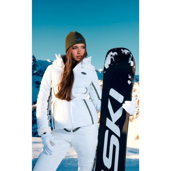 $165 4 S PRETTYLITTLETHING SKI White Contrast Fringed Detail Belted Puffer Coat - Picture 3 of 6